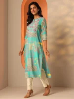 Blue Printed Silk Blend Straight Kurta - Image 2