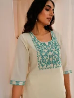 Off White Yoke Design Cotton Straight Kurta - Image 4