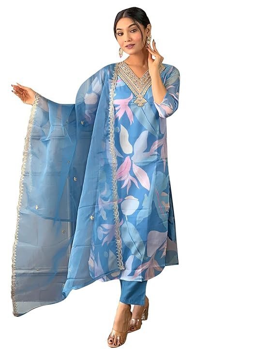 61raLmpW0pL._SY741_.jpg Women's Sky Organza with Cotton Lining Embroidered and Printed Straight Kurta with Rayon Pant and Organza Laced Dupatta Sets - Image 1