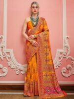 Womens Silk Blend Yellow Woven Design Saree with Unstitched Blouse