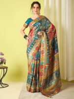 Teal Woven Viscose Saree with Unstitched Blouse