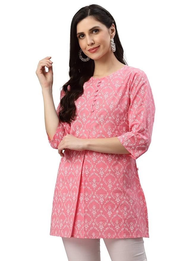 71UuO3hoOGL._SY879_.jpg Women's Cotton Floral Printed Short Kurta for Women - Image 1