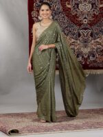 Gold and Green Sequin Embellished Crop Top and Pre-Stitched Saree (Set of 2)