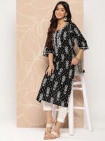 Black Embellished Cotton Straight Kurta - Image 3