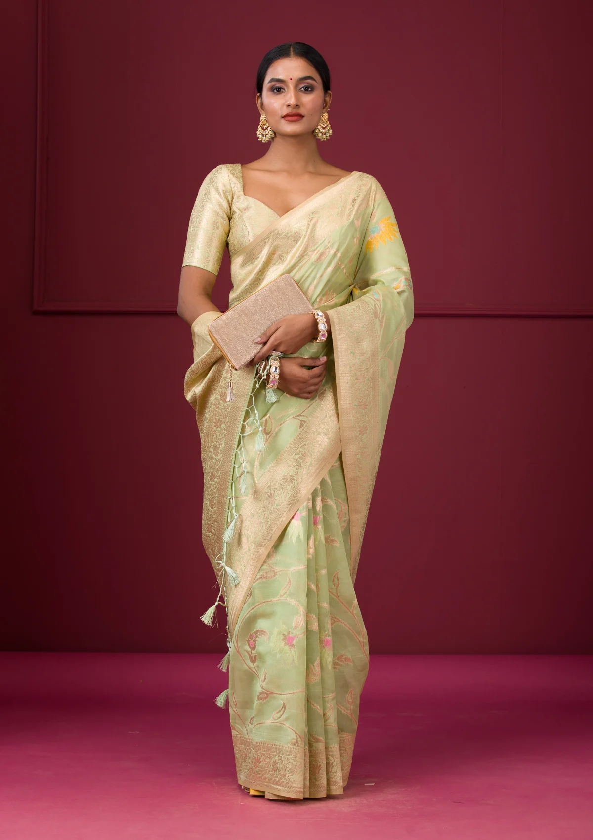 Pista Green Zariwork Tissue Saree - Image 1
