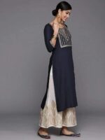 Navy Blue Yoke Design Rayon Straight Kurta - Image 2
