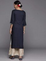 Navy Blue Yoke Design Rayon Straight Kurta - Image 4