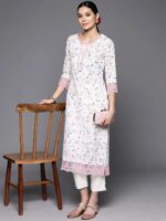 Off White Printed Cotton Straight Kurta - Image 2