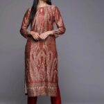Rust Printed Velvet Straight Kurta
